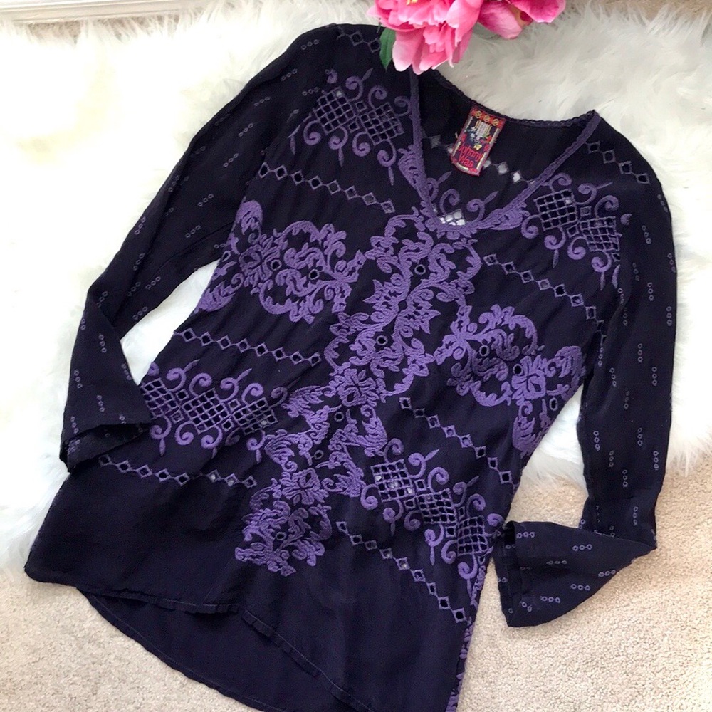 Johnny Was purple embroidered crochet tunic top